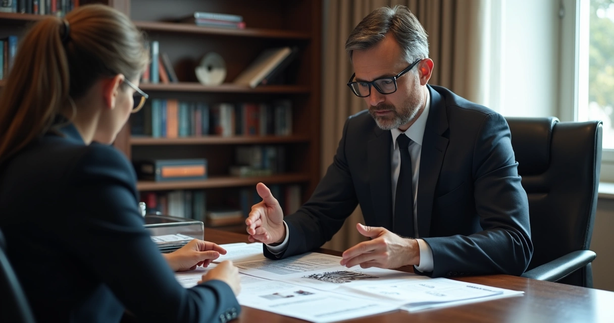Advogado em terno consultando documentos com perito forense em escritório formal