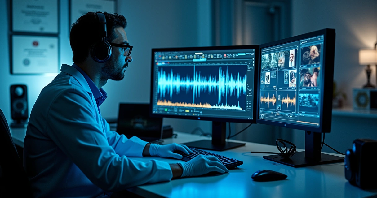 Técnico forense analisando áudio e vídeo em múltiplas telas com gráficos e equipamentos especializados