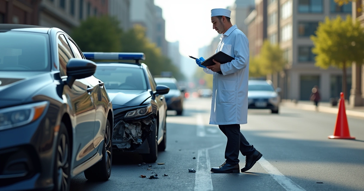 Perito particular analisando cena de acidente de trânsito com carro danificado e documentos na mão