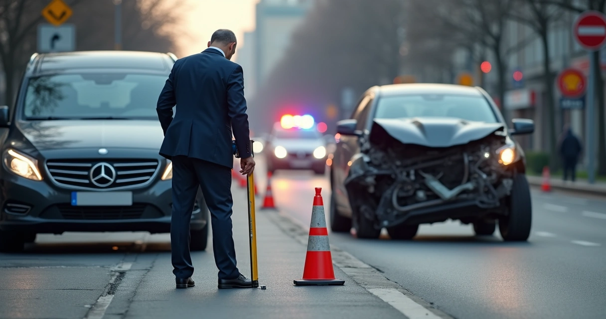 Perito analisando cena de acidente de trânsito com veículos danificados e equipamentos de medição