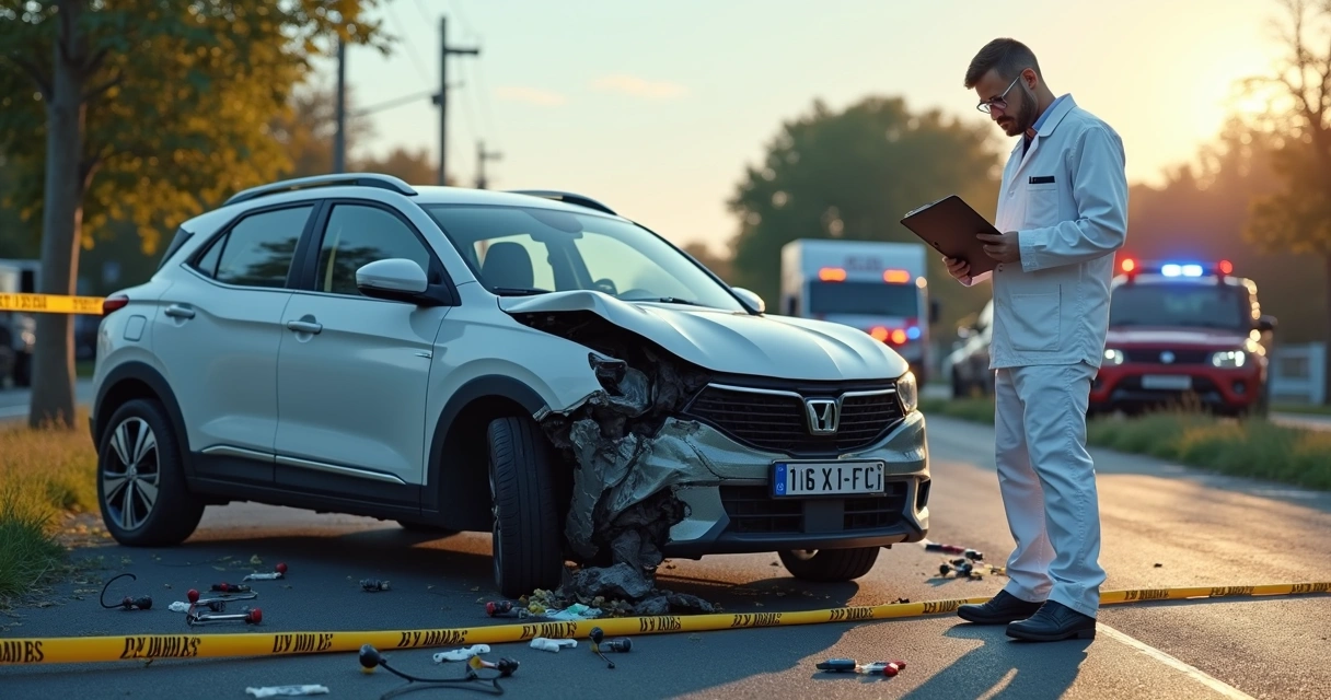 Perito forense analisando local de acidente viário com carro danificado e equipamentos técnicos