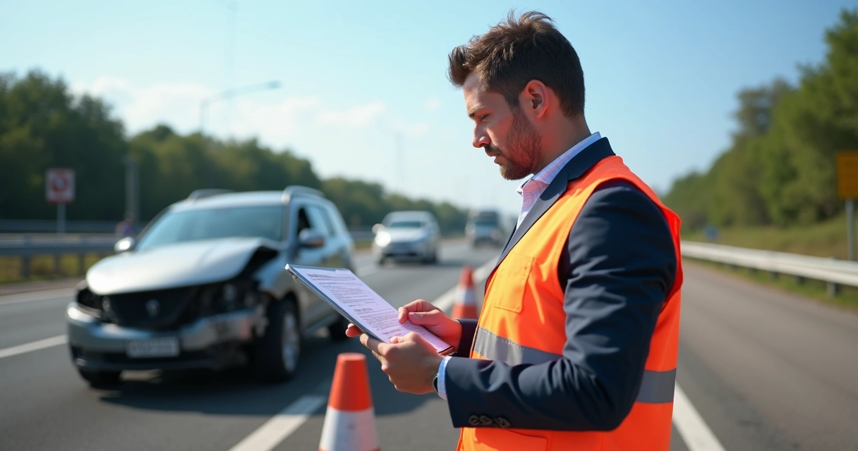 Perito de trânsito analisando relatório técnico ao lado de um veículo em cena de acidente rodoviário