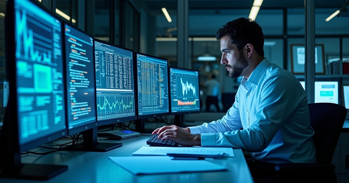Perito analisando evidências digitais em múltiplas telas de computador com gráficos e códigos