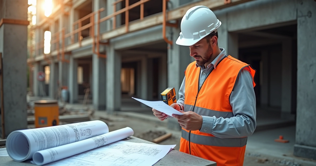 Perito em engenharia forense analisando estrutura de obra em construção com equipamentos técnicos