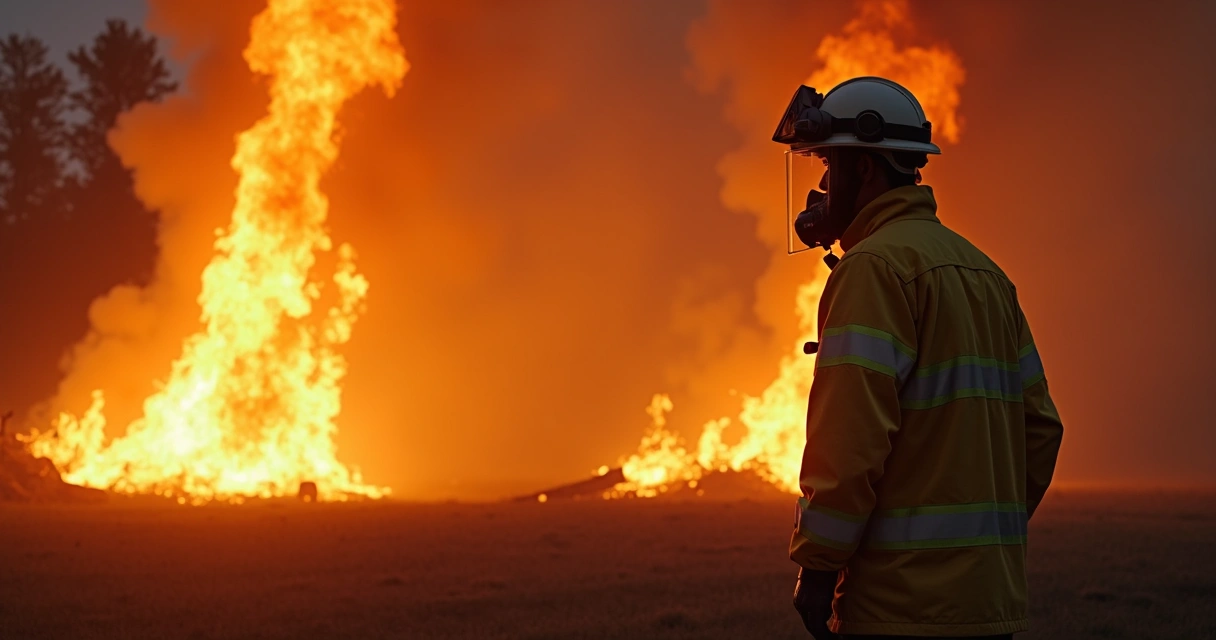 Perito forense em traje de proteção analisando cena de incêndio com vestígios de fumaça e destroços queimados