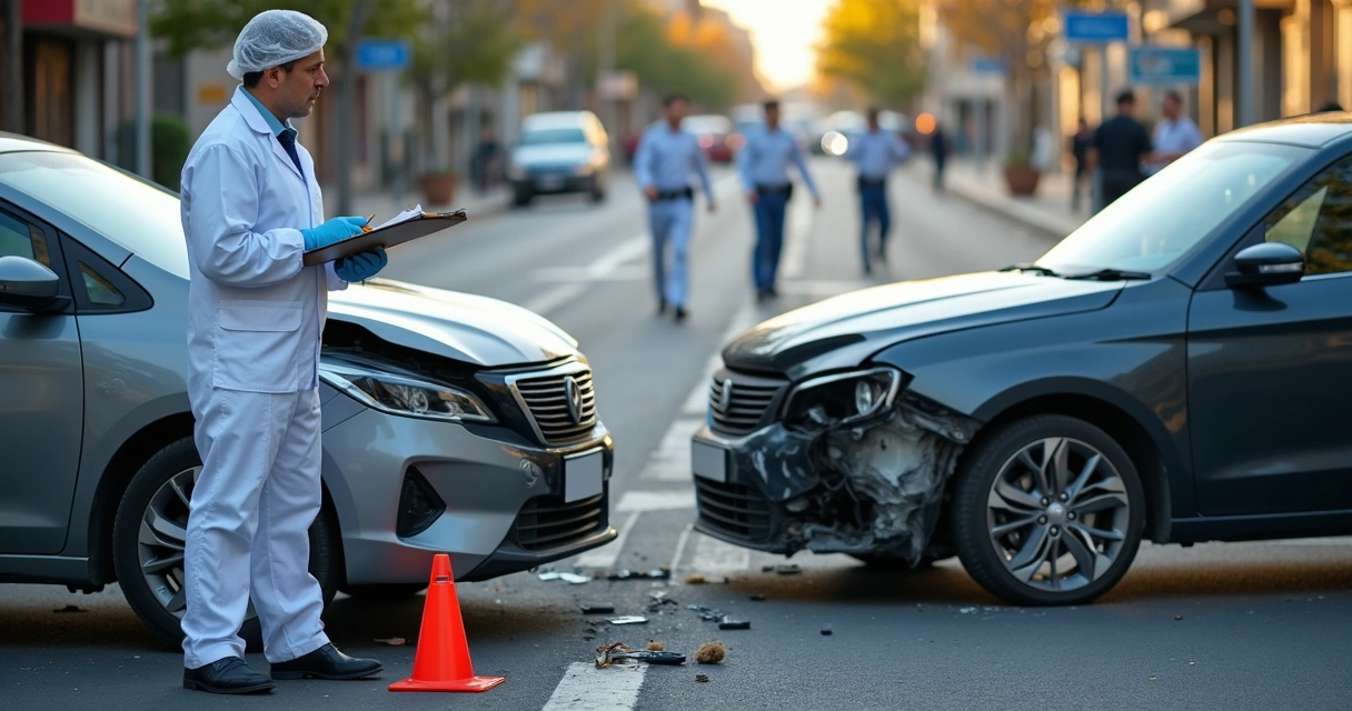 Perito forense analisando detalhes de colisão entre veículos em cena urbana