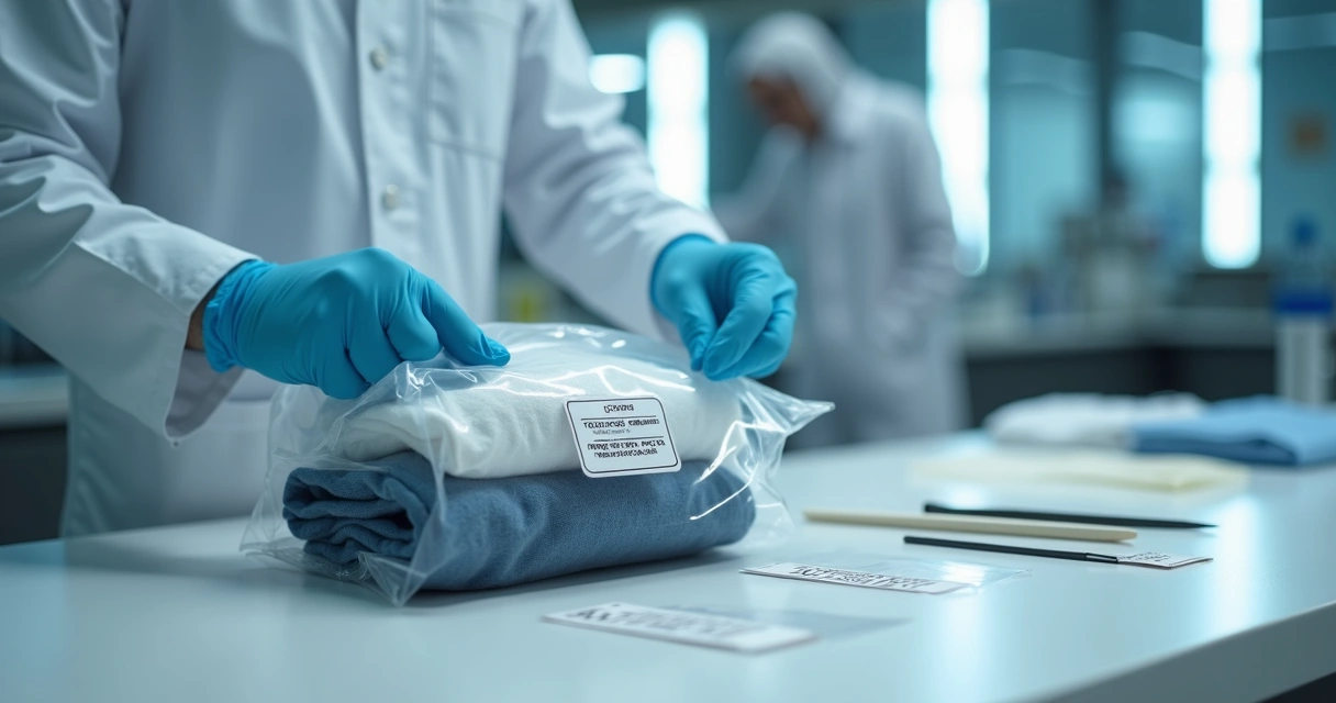 Sacola transparente com roupas íntimas etiquetadas para análise forense em mesa de laboratório