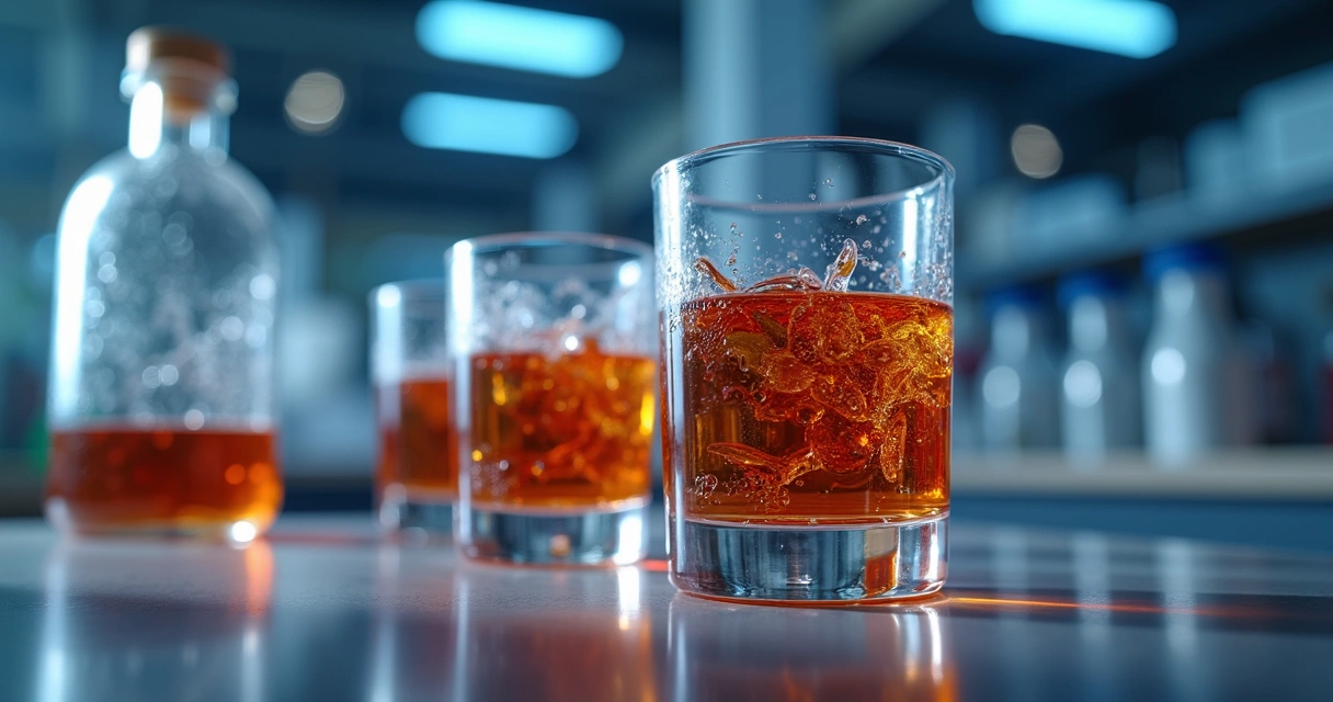 Frascos de bebidas sendo analisados em laboratório forense com equipamentos de alta precisão