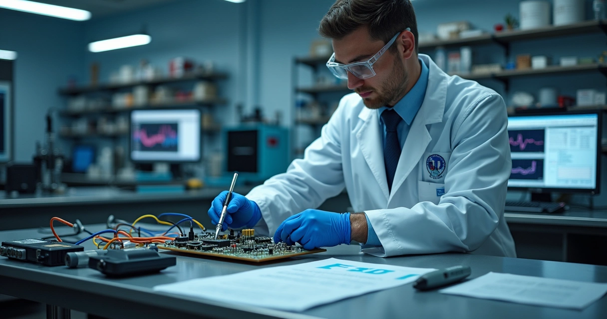 Perito forense analisando equipamentos elétricos em laboratório moderno e iluminado