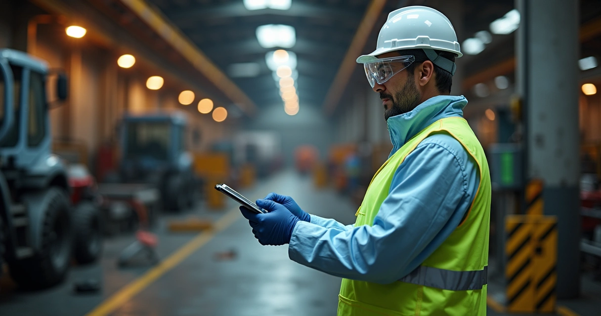 Perito examinando local de acidente de trabalho com equipamentos de proteção e anotações detalhadas