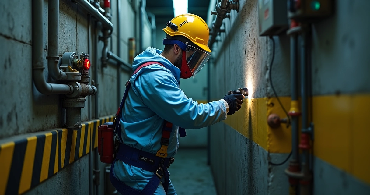 Perito forense com equipamento de segurança dentro de espaço confinado realizando inspeção detalhada