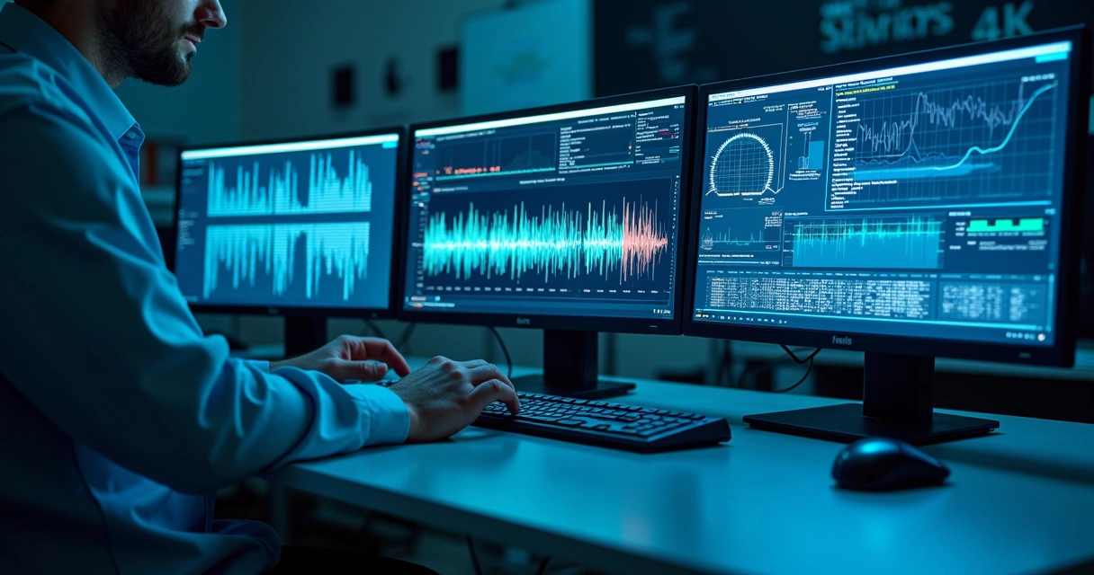 Equipamento de perícia digital analisando arquivos de áudio em um laboratório forense moderno