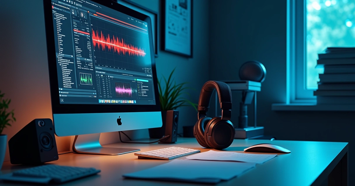 Mesa de trabalho com computador exibindo software de análise de áudio forense, gráficos de ondas sonoras detalhadas e equipamentos de gravação ao redor