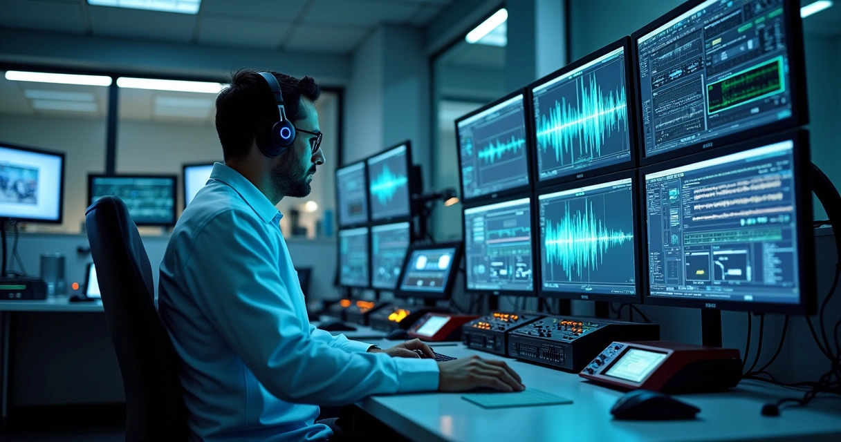 Equipamentos de perícia de áudio em laboratório forense com técnicos analisando gravações de áudio