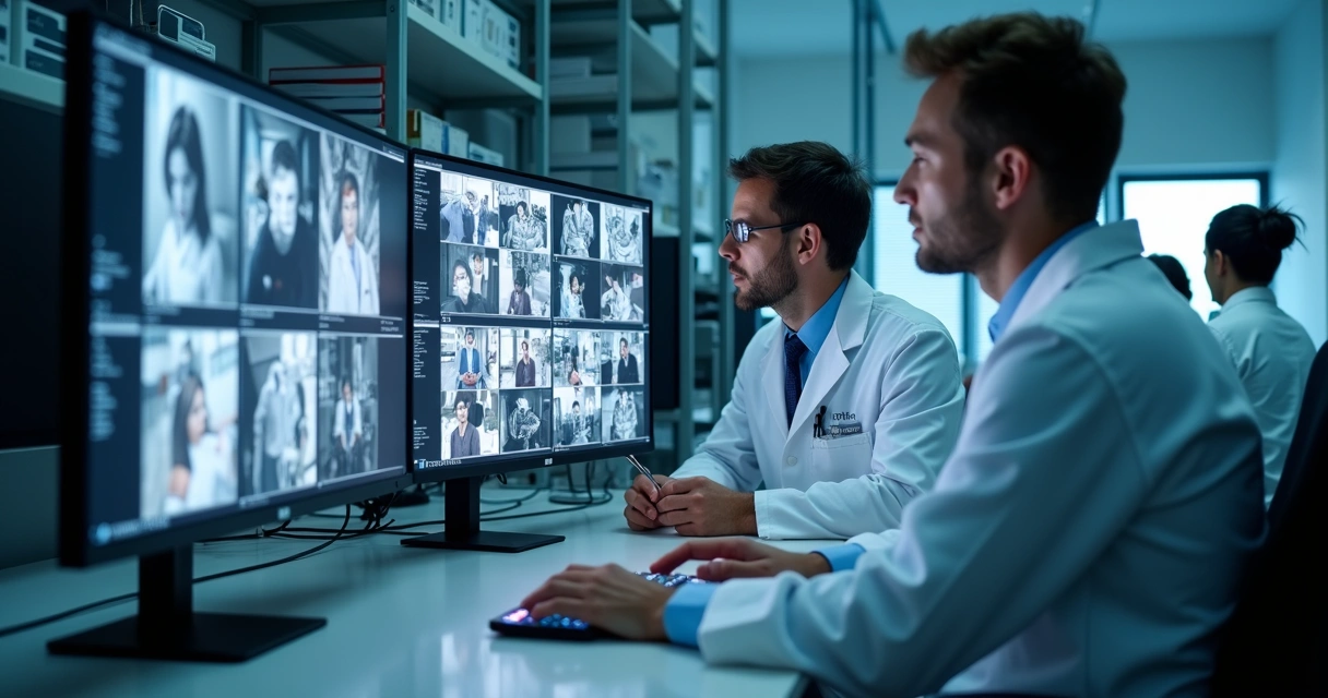 Especialistas analisando imagens de vídeo em tela de computador em ambiente de laboratório forense