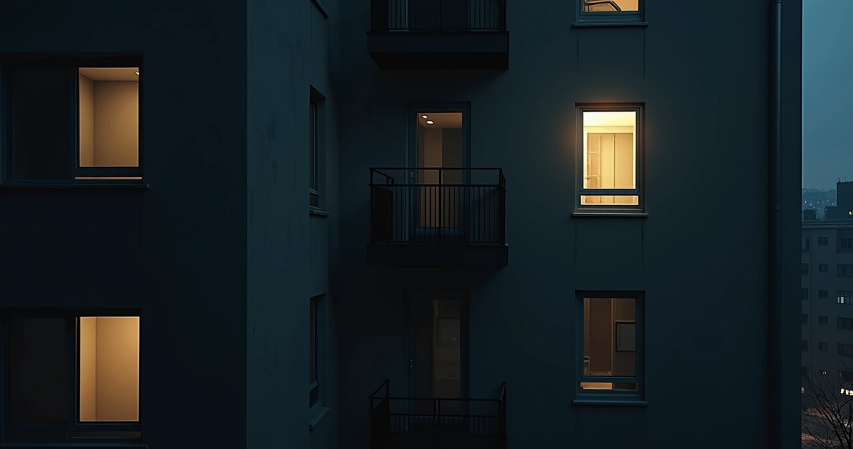 Cena realista de um apartamento moderno visto do lado de fora à noite, com luzes apagadas em algumas janelas e uma janela iluminada mostrando uma sala silenciosa e vaga