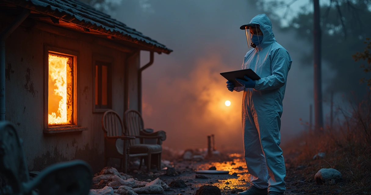 Investigador forense examinando local de incêndio com equipamentos técnicos e fumaça ao fundo
