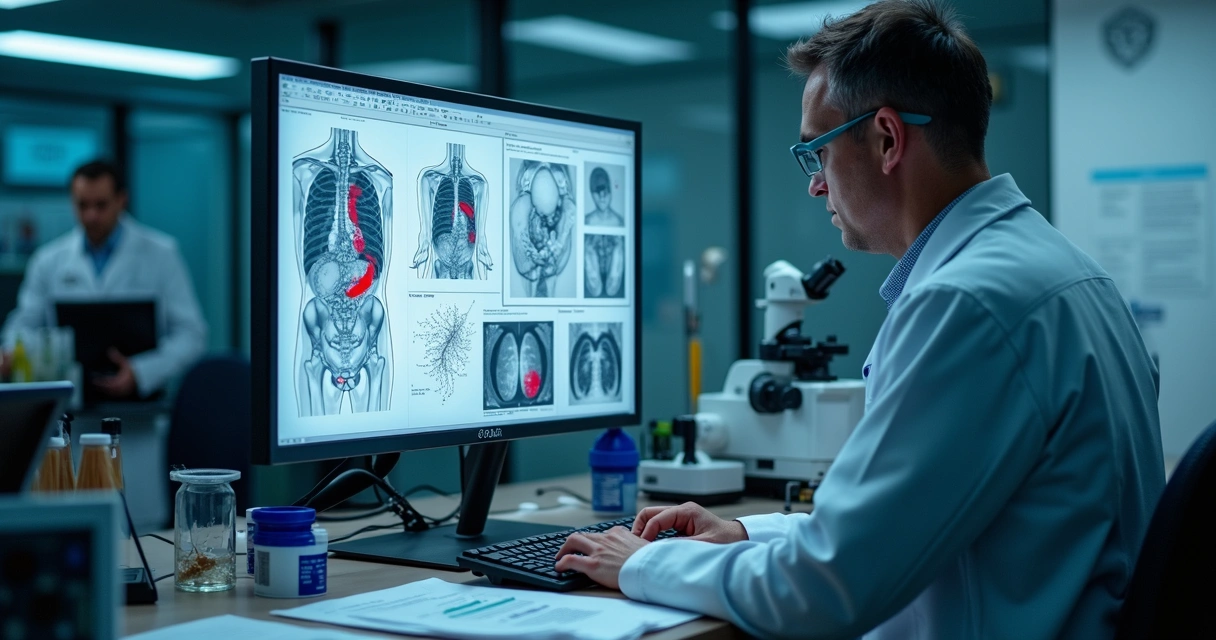 Perito forense analisando laudo técnico em nível detalhado com gráficos e imagens digitais da perícia