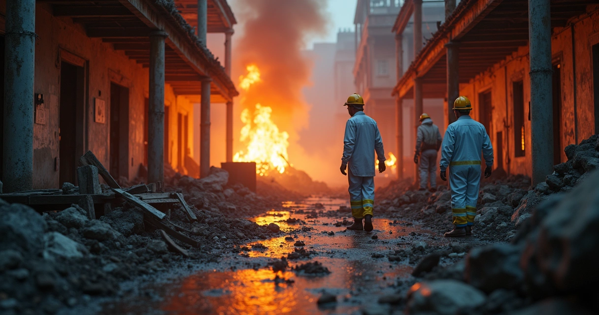 Laboratório forense com técnicos analisando vestígios de incêndio em ambiente urbano destruído
