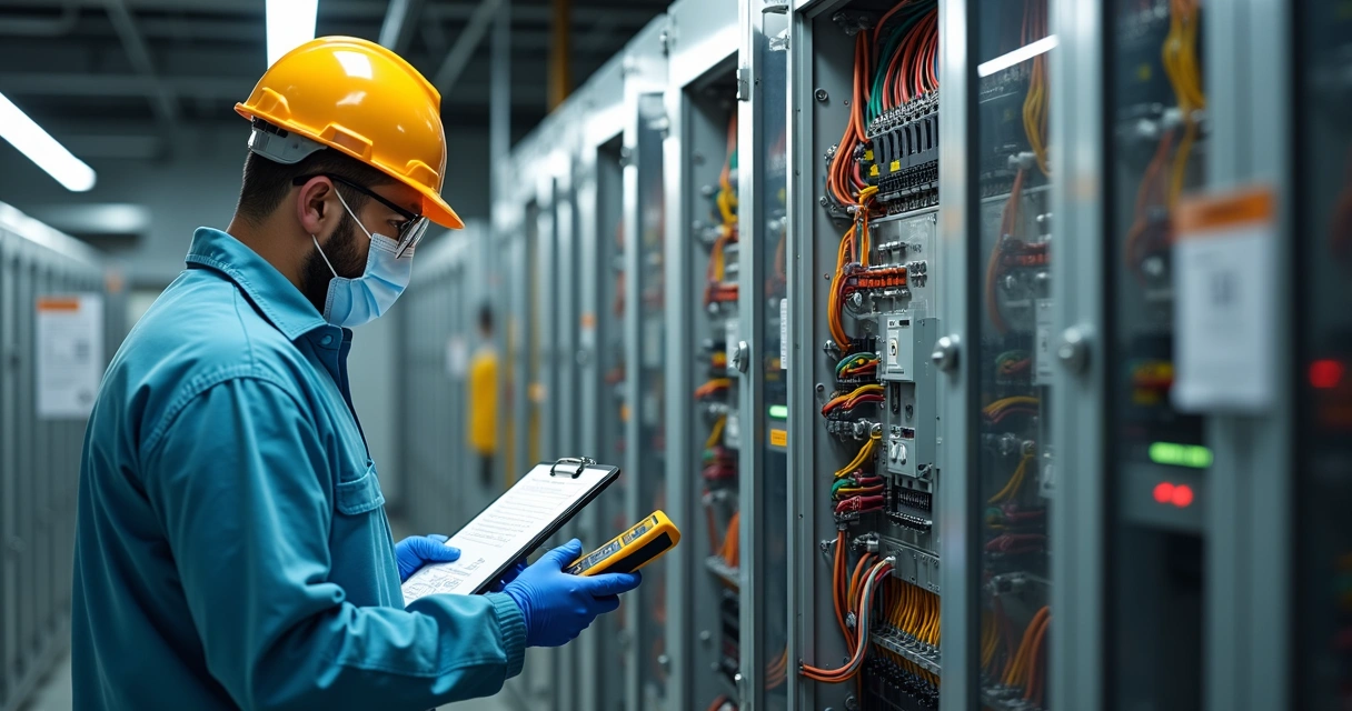 Perito especializado realizando inspeção técnica em instalações elétricas industriais com equipamentos profissionais e painéis elétricos ao fundo