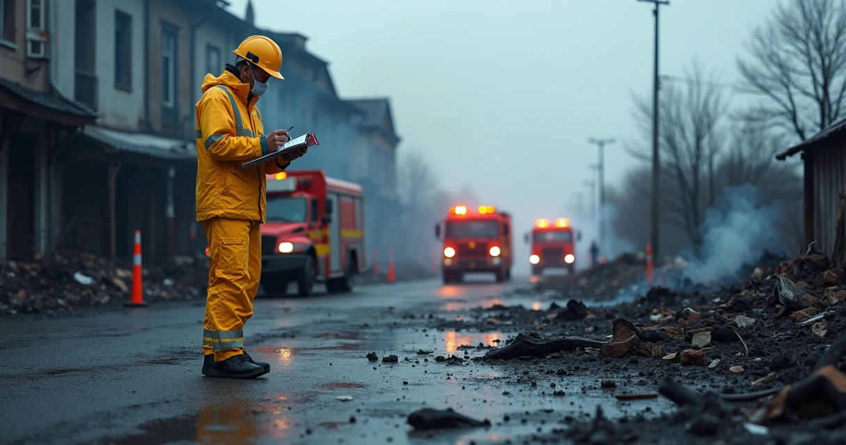 Perito forense analisando local de incêndio com fumaça residual e equipamentos técnicos