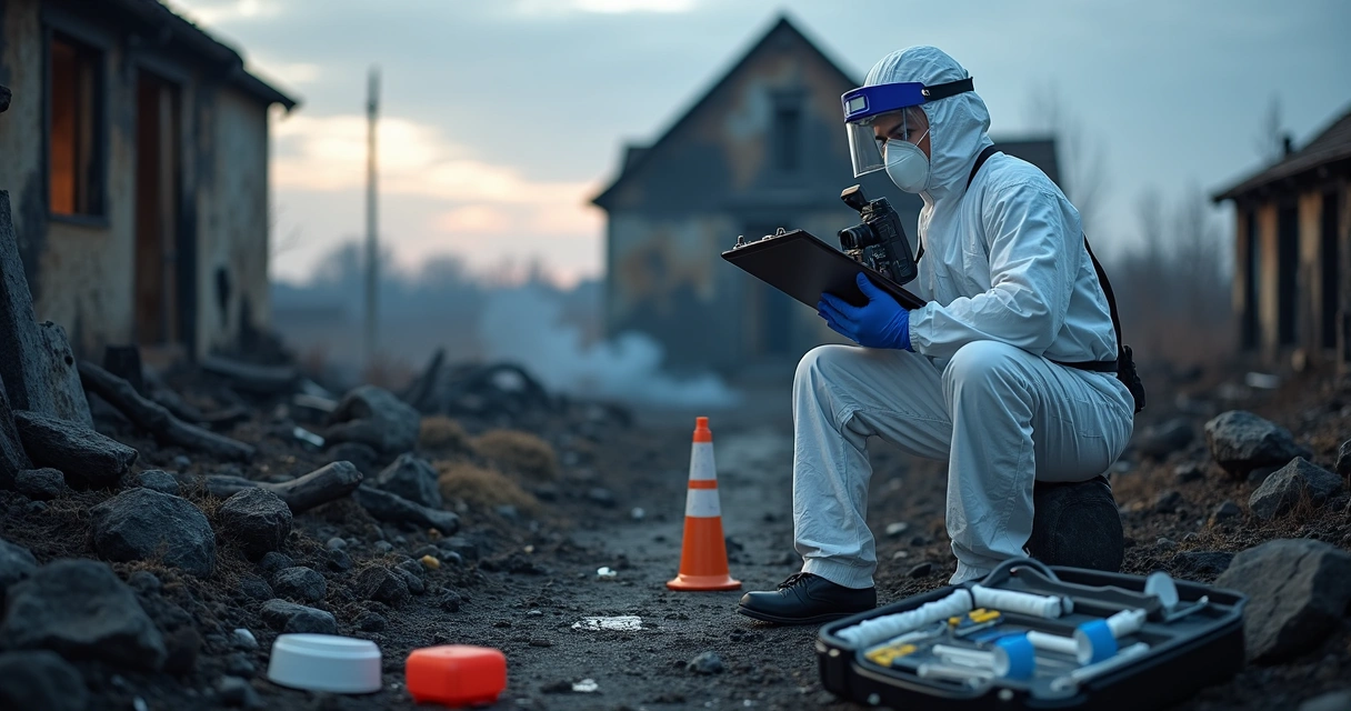 Perito forense analisando cenas de incêndio com equipamentos técnicos ao redor