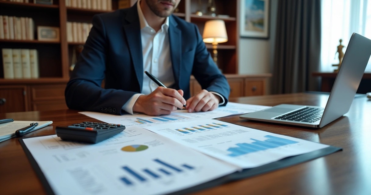 Perito contábil analisando documentos financeiros em escritório jurídico moderno