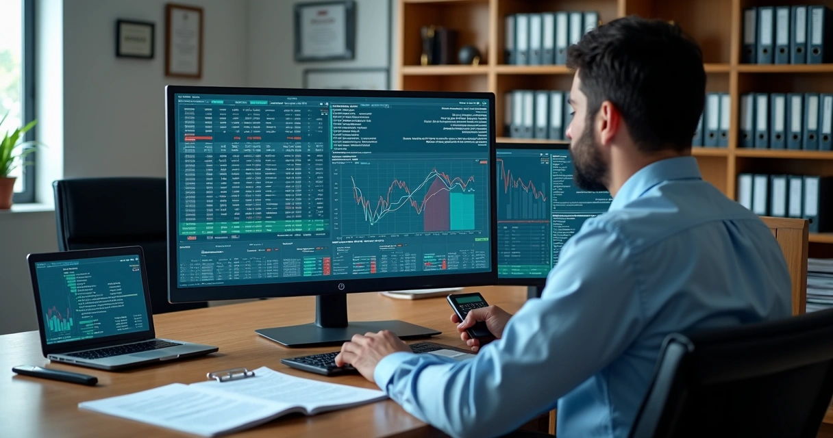 Perito analisa documentos financeiros em escritório moderno com tela exibindo gráficos de dados