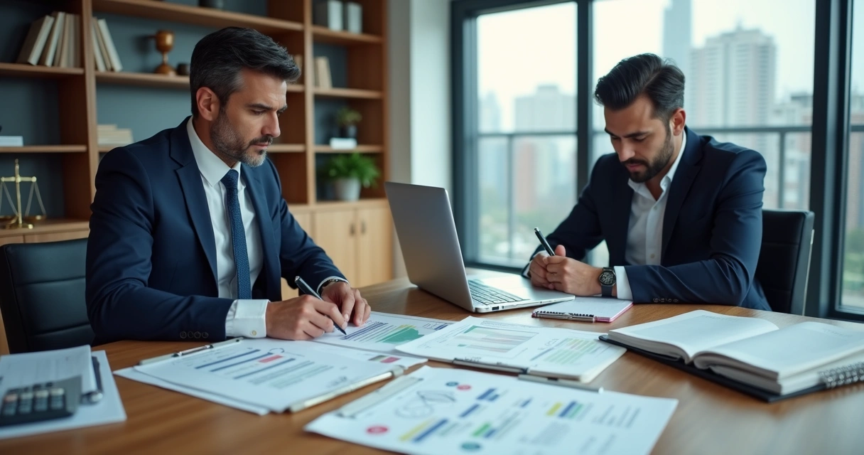 Perito contador analisando documentos financeiros em reunião com advogado em escritório moderno