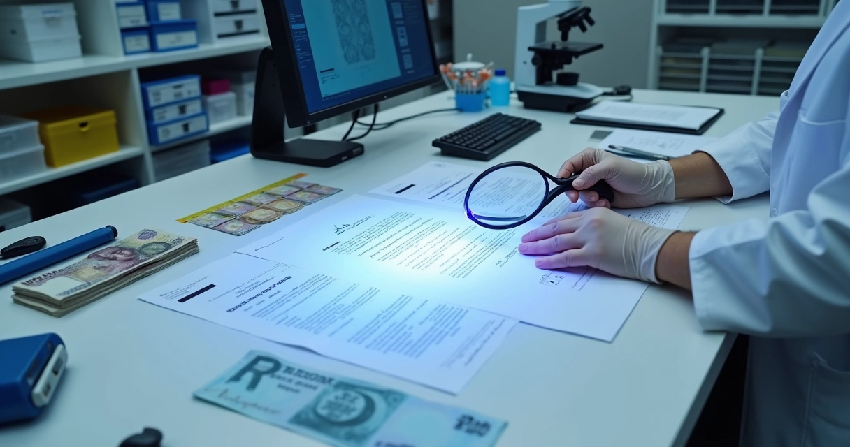 Perito em documentoscopia analisando documento com lupa e luz especial em mesa de laboratório forense