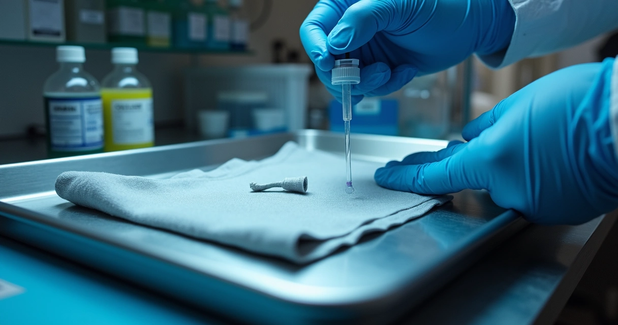 Técnico de laboratório realizando análise forense em amostra de tecido em ambiente controlado