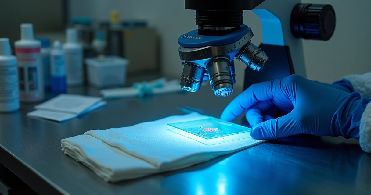 Microscopista analisa amostra biológica sob luz forense azul violeta