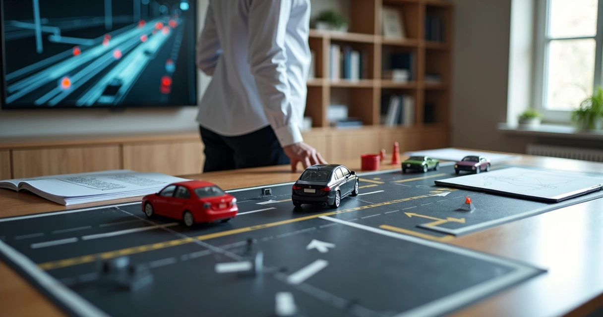 Perito de acidente de trânsito analisando modelo em miniatura em escritório jurídico