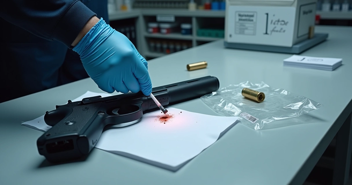 Perito particular analisa manchas suspeitas em arma de fogo descarregada em bancada forense