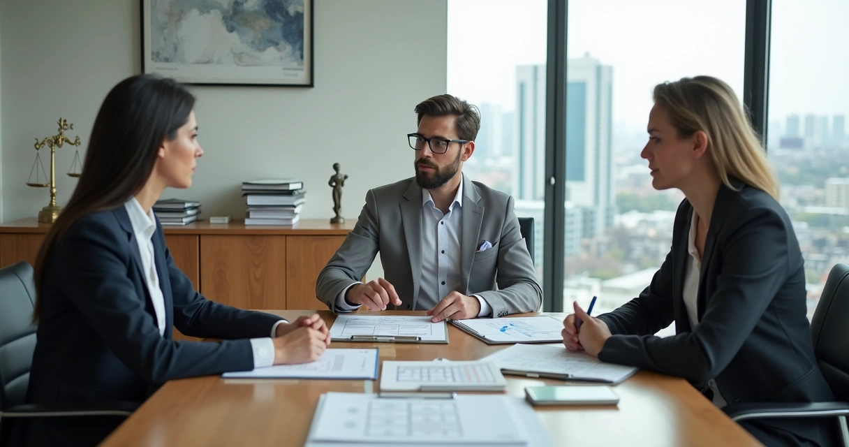 Reunião formal entre advogado cliente e perito judicial analisando documentos técnicos