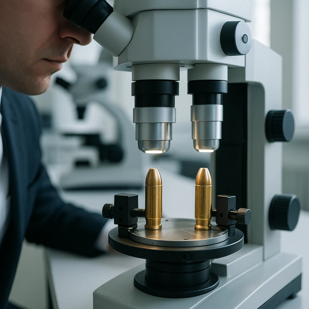 Comparação de projétil em microscópio comparador em perícia balística