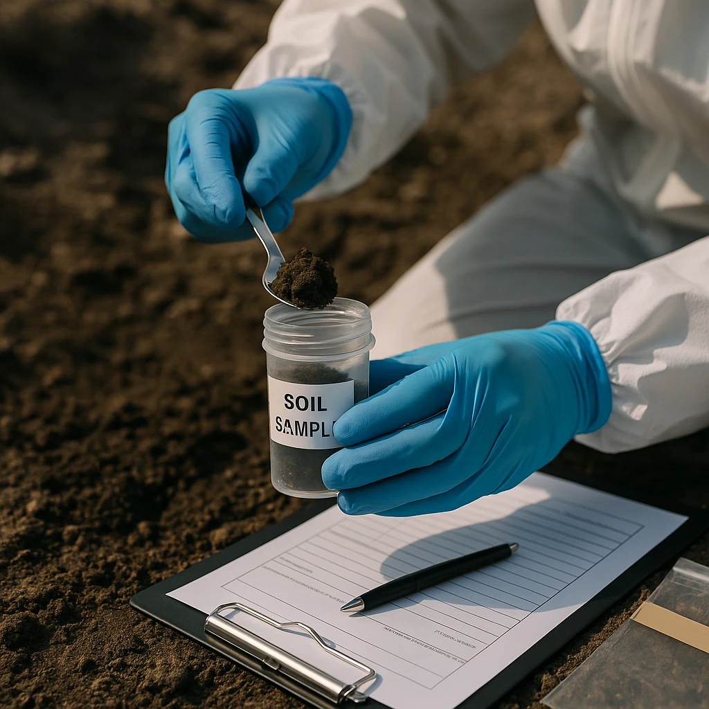Coleta de amostra de solo por perito ambiental em área contaminada