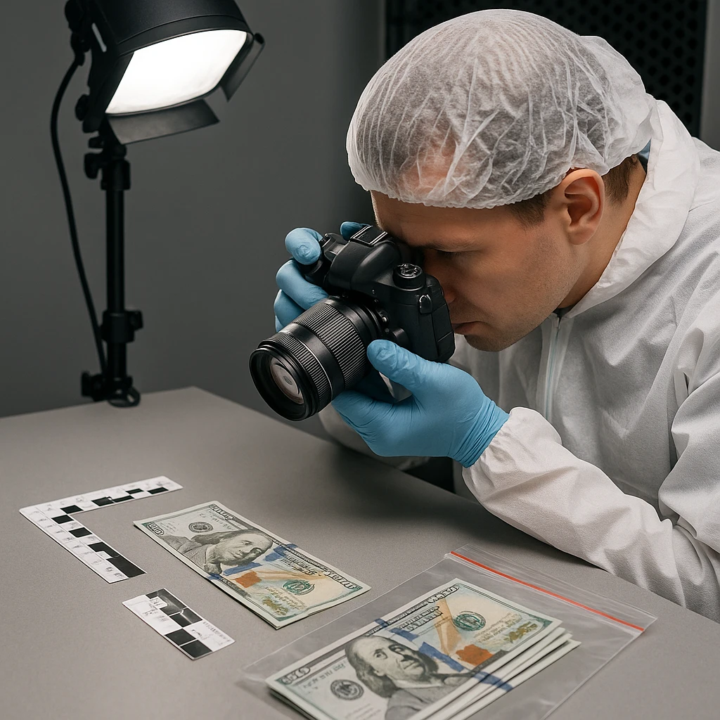 Documentação fotográfica de cédulas falsas em laboratório forense