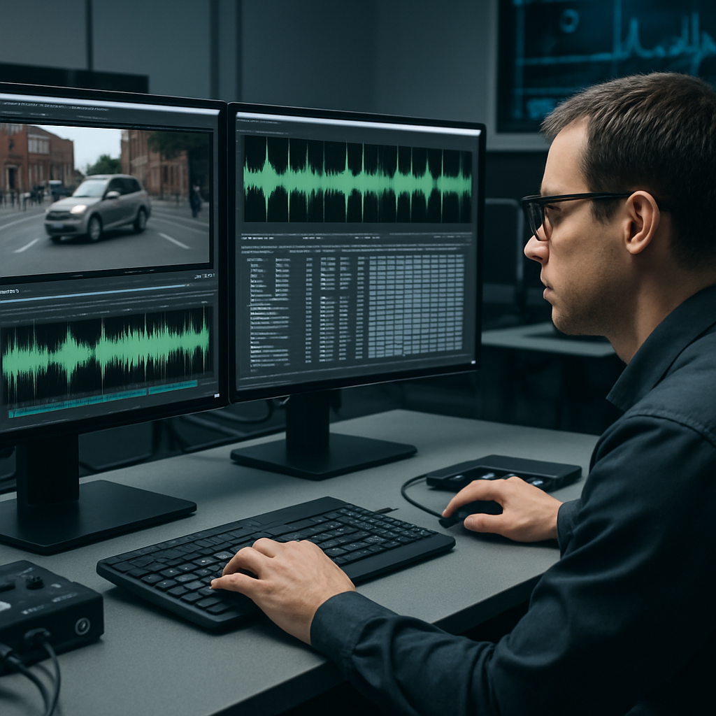 Perito verificando autenticidade de vídeo com ferramentas forenses