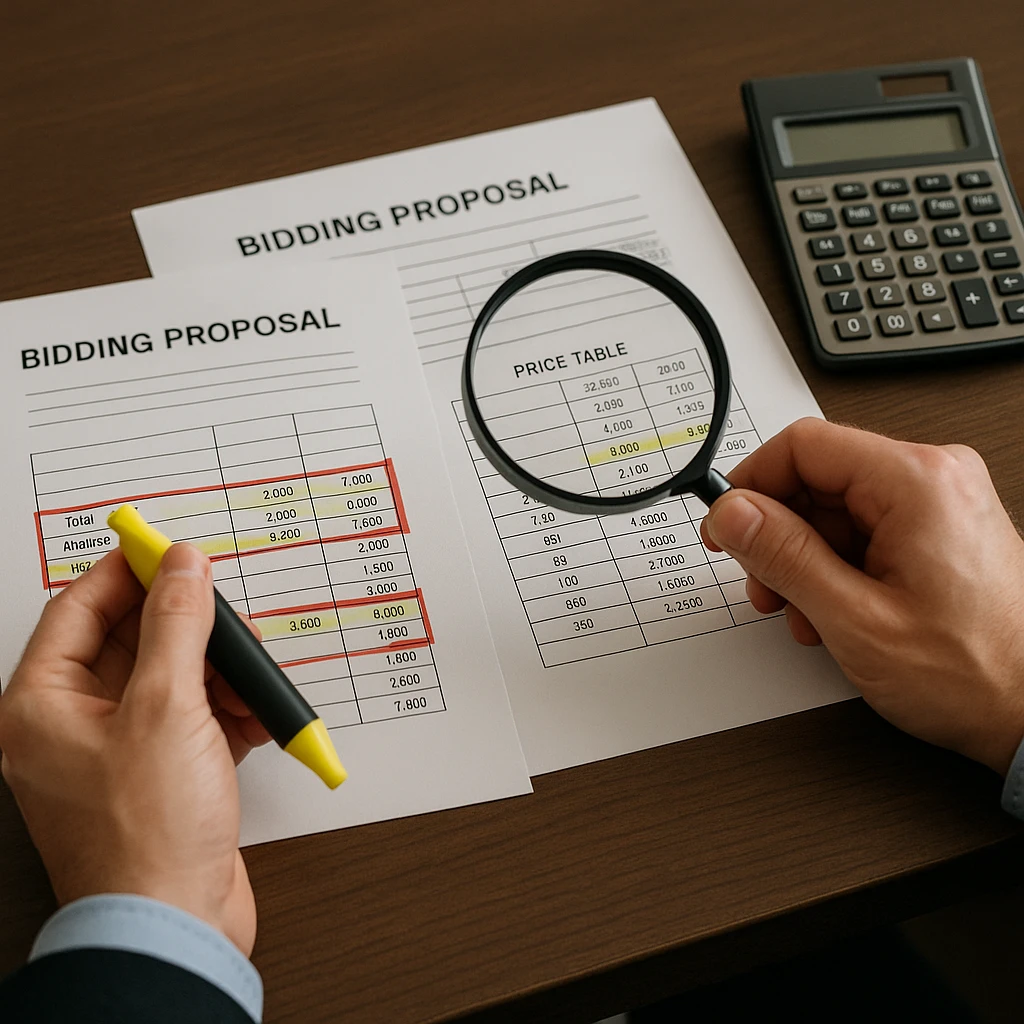 Comparação de propostas e planilhas de preços em perícia contábil de licitações