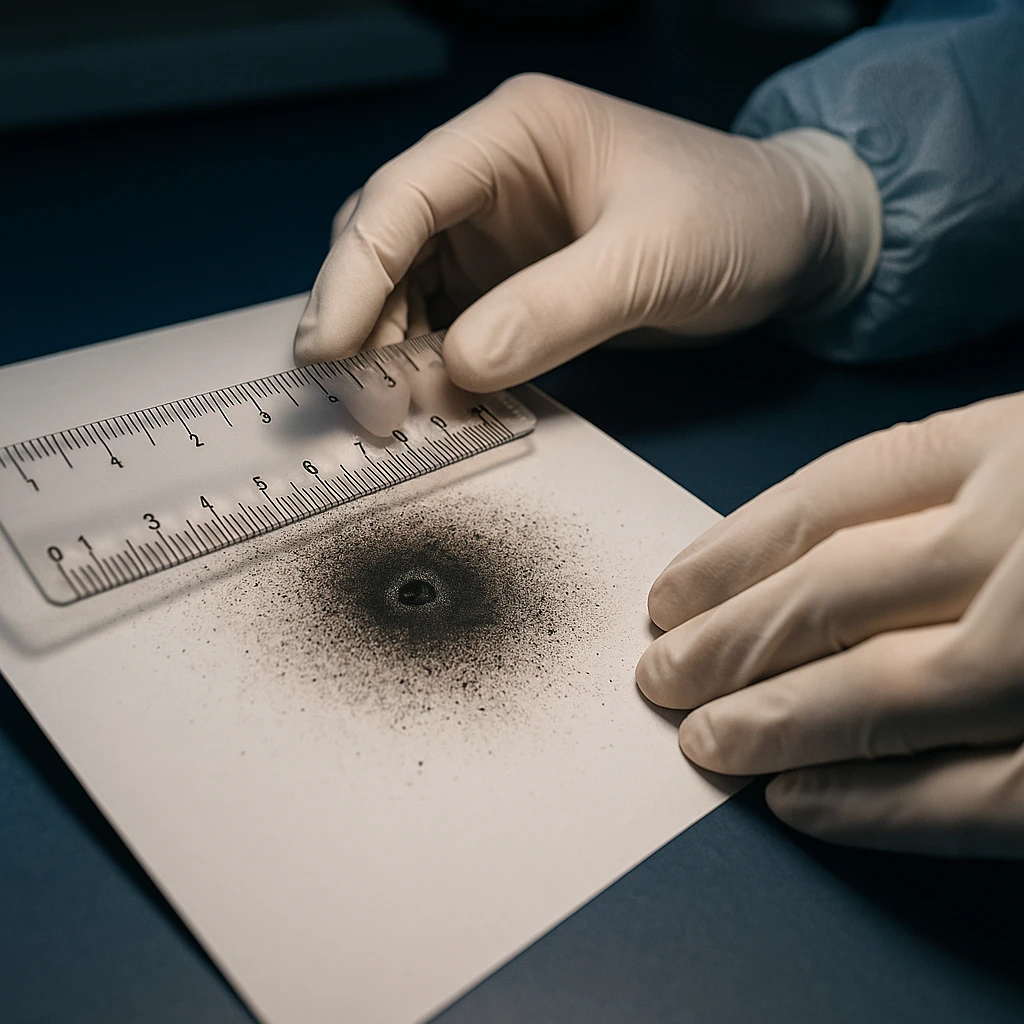 Medição dos resíduos de disparo em alvo de teste com régua em exame balístico
