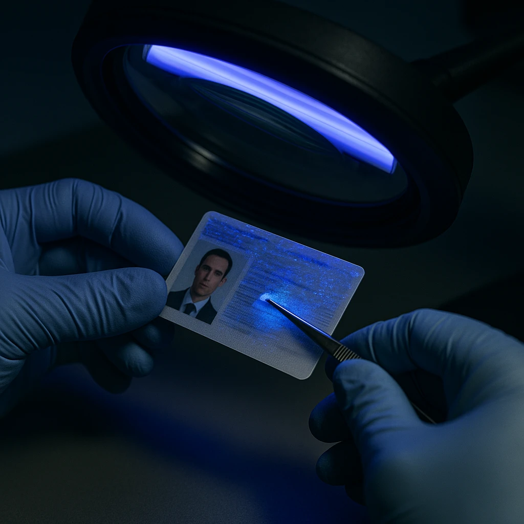 Exame de elementos de segurança de documento sob lupa e luz UV