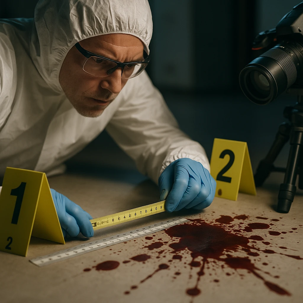 Documentação de manchas de sangue com marcadores numerados em local de crime