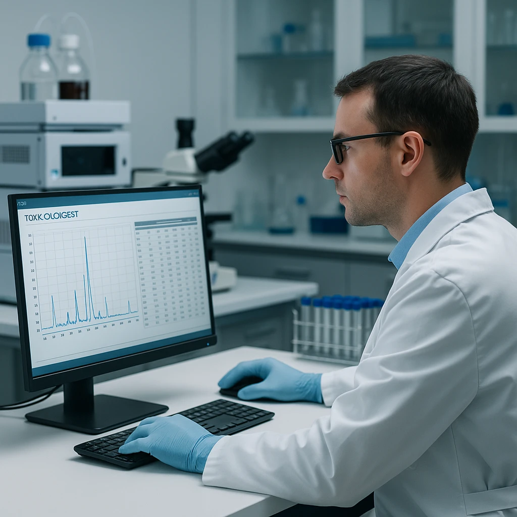 Toxicologista revisando cromatograma de resultados toxicológicos