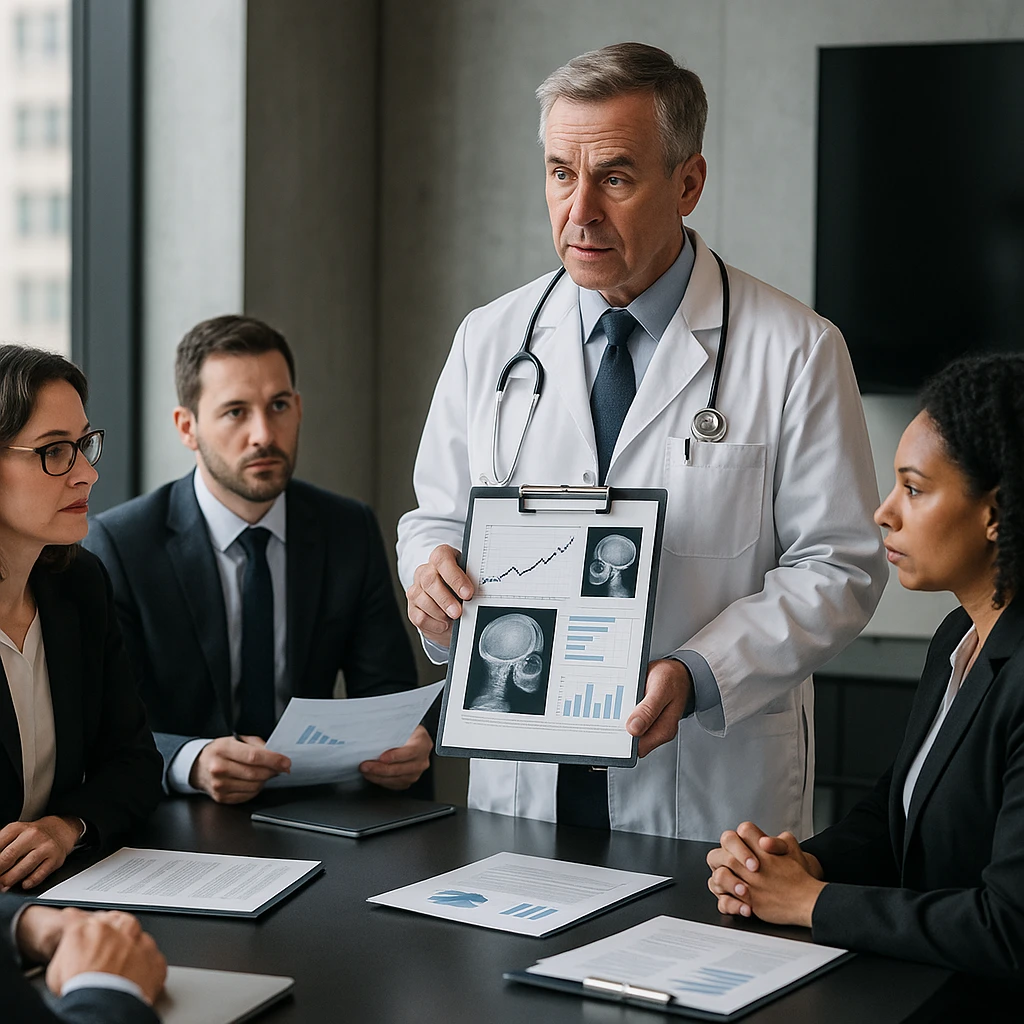 Perito médico apresentando laudo em reunião com equipe jurídica