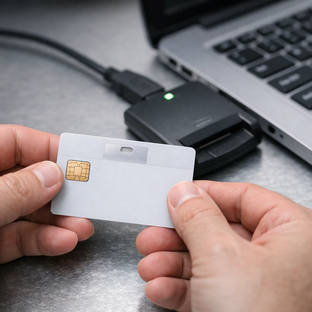 Mãos segurando token criptográfico ao lado do leitor conectado ao notebook
