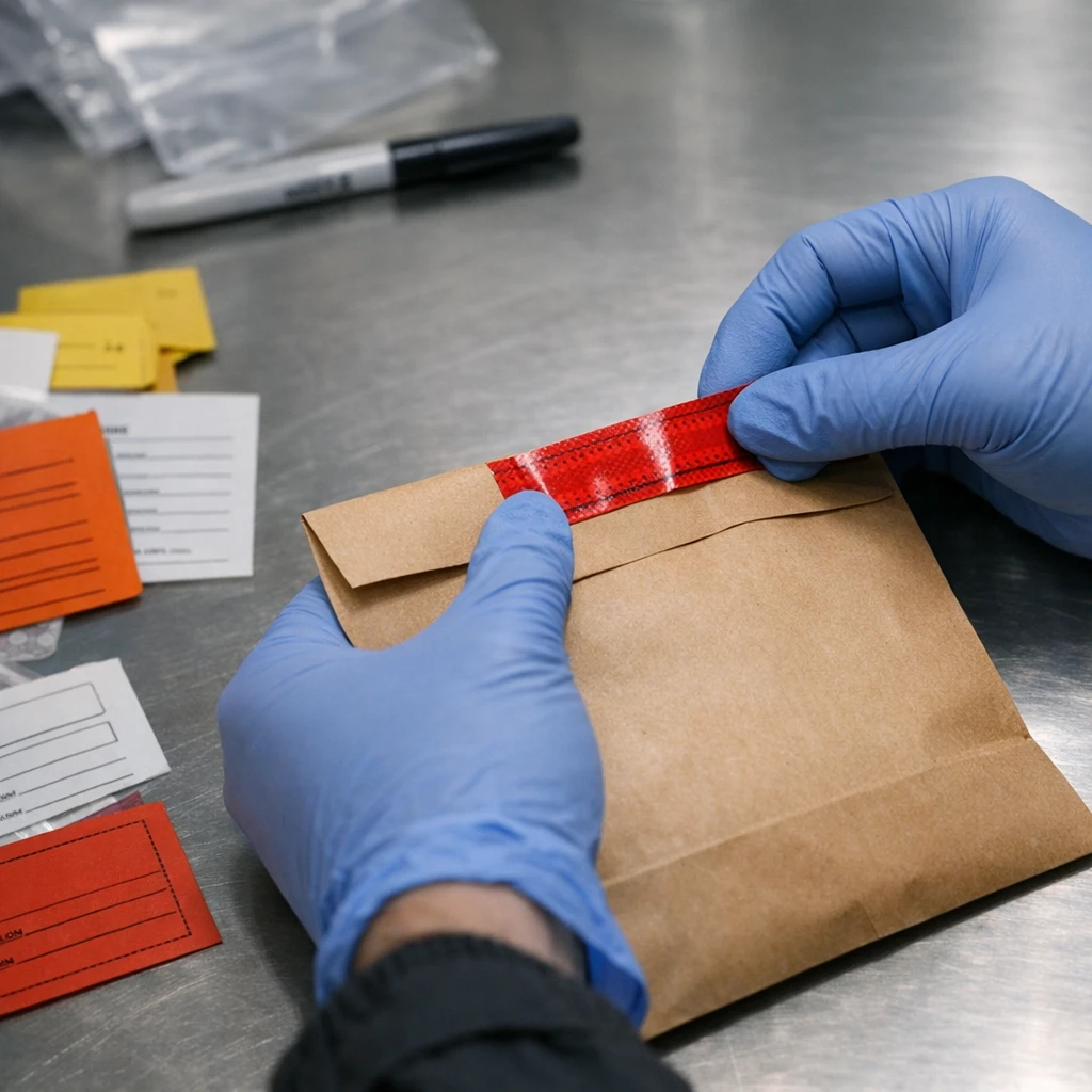 Mãos enluvadas lacrando envelope de prova com etiqueta de inviolabilidade