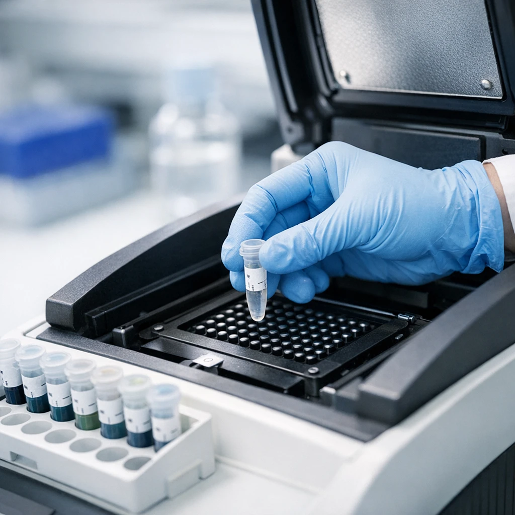 Mãos enluvadas inserindo amostra de DNA em termociclador no laboratório