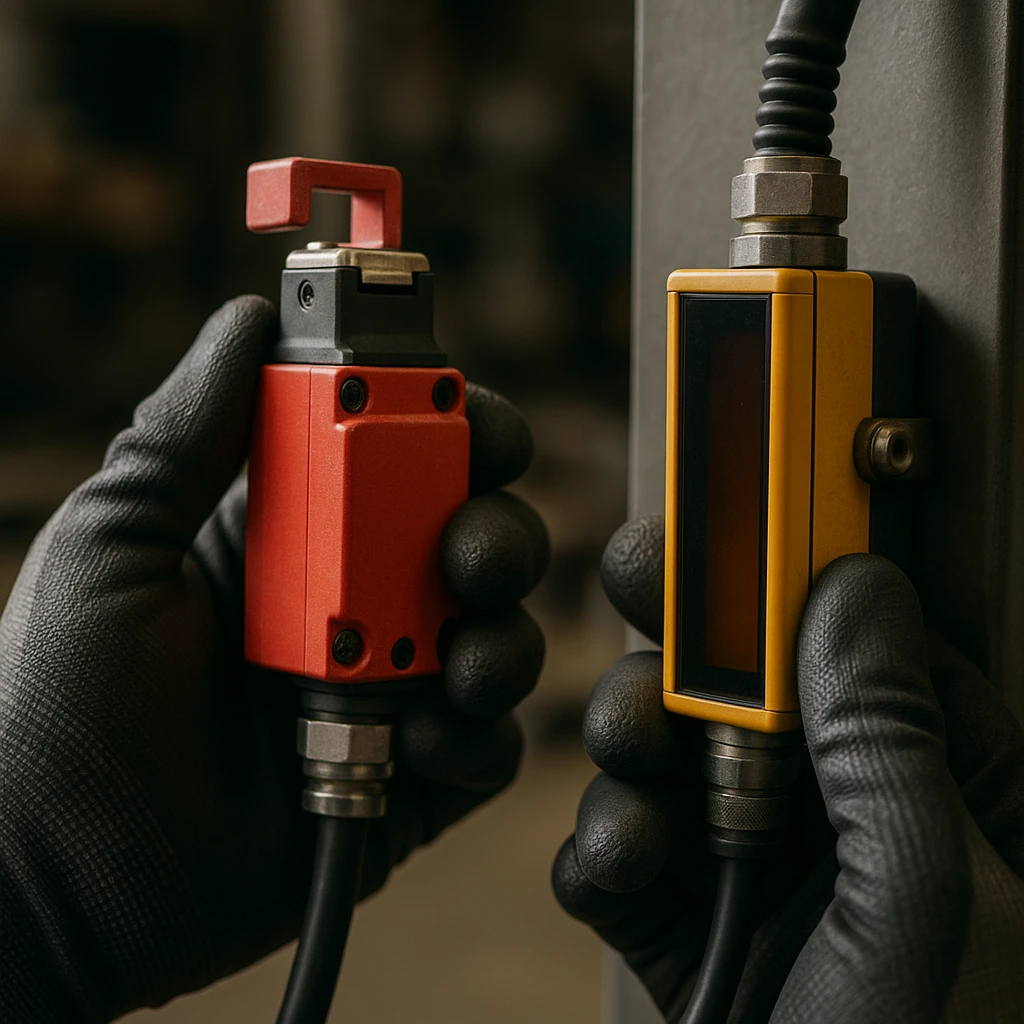 Inspeção técnica de sensor de segurança e cortina de luz em máquina industrial