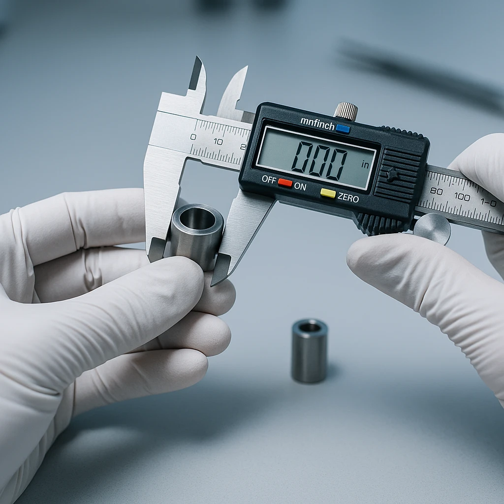 Perito medindo componente metálico com paquímetro digital em laboratório